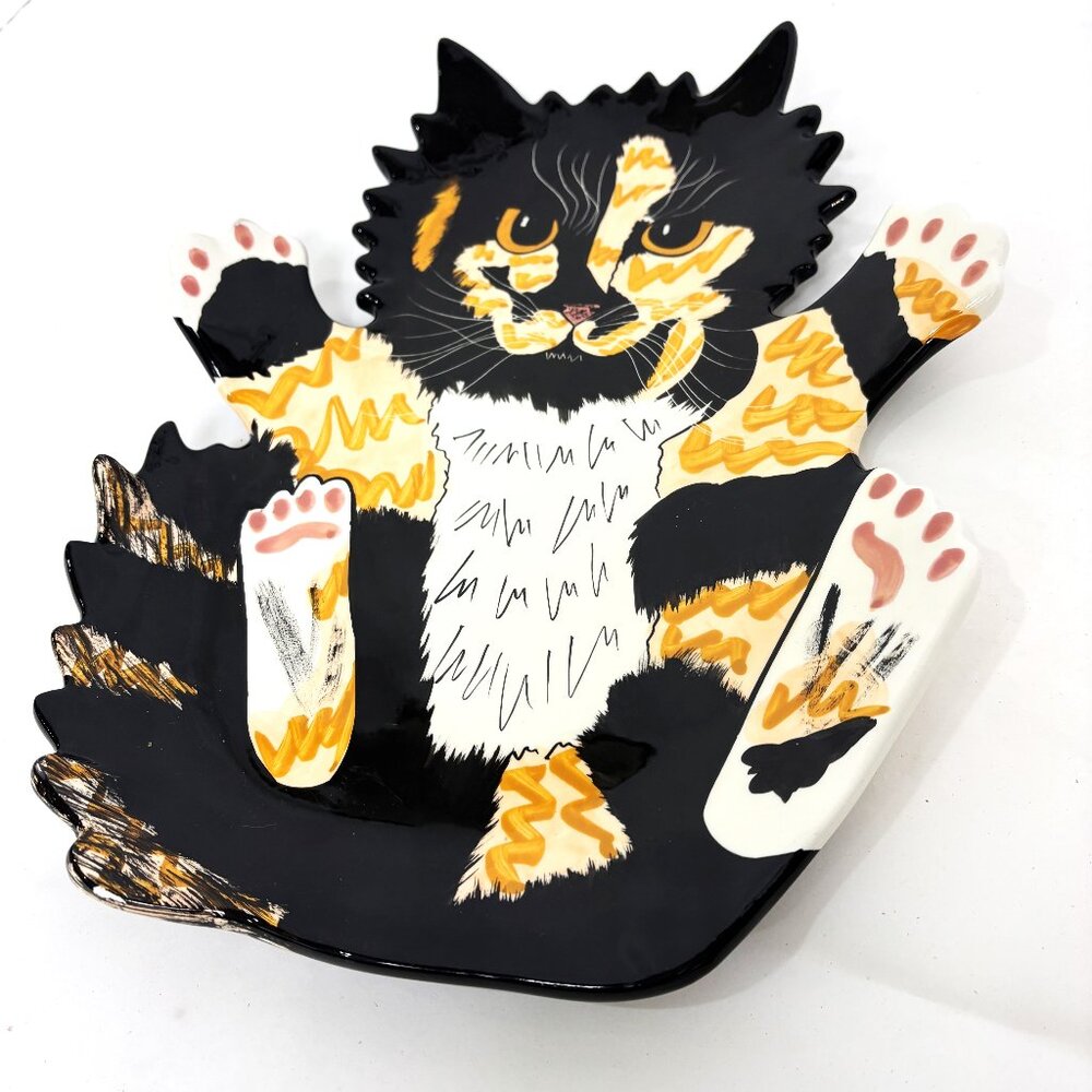 * Cats by Nina Signed Large Shallow Ceramic Calico Cat Platter Vintage